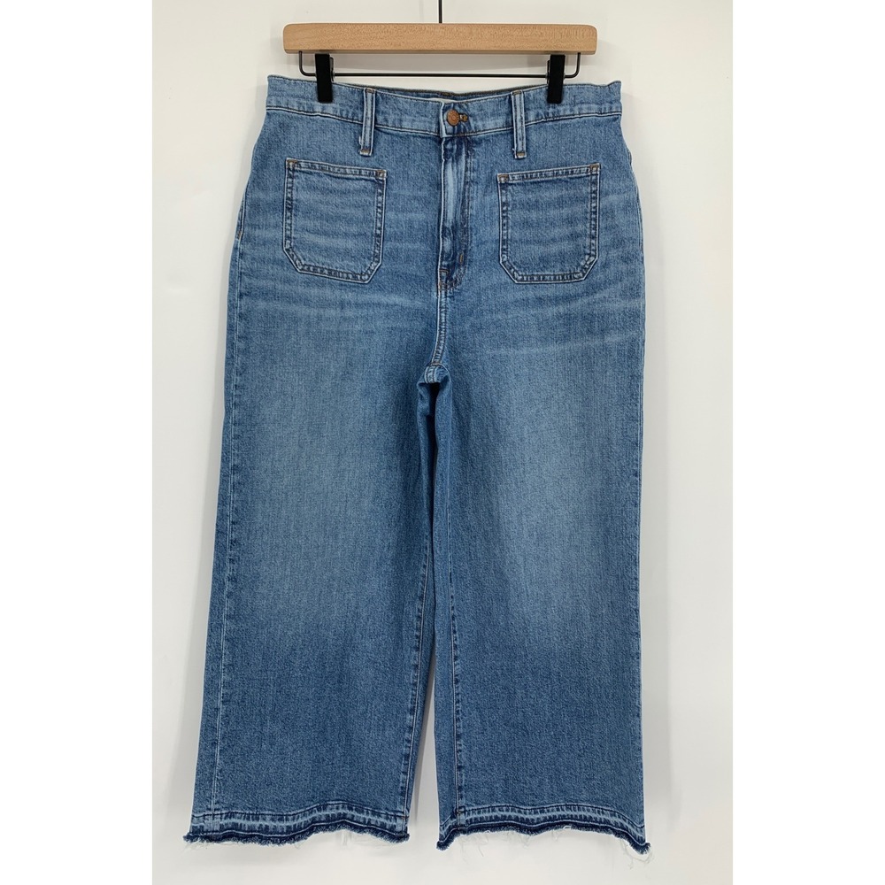 Madewell Wide Leg Jeans Womens 31 Blue Crop Raw Hem Patch Pocket Denim Pants
